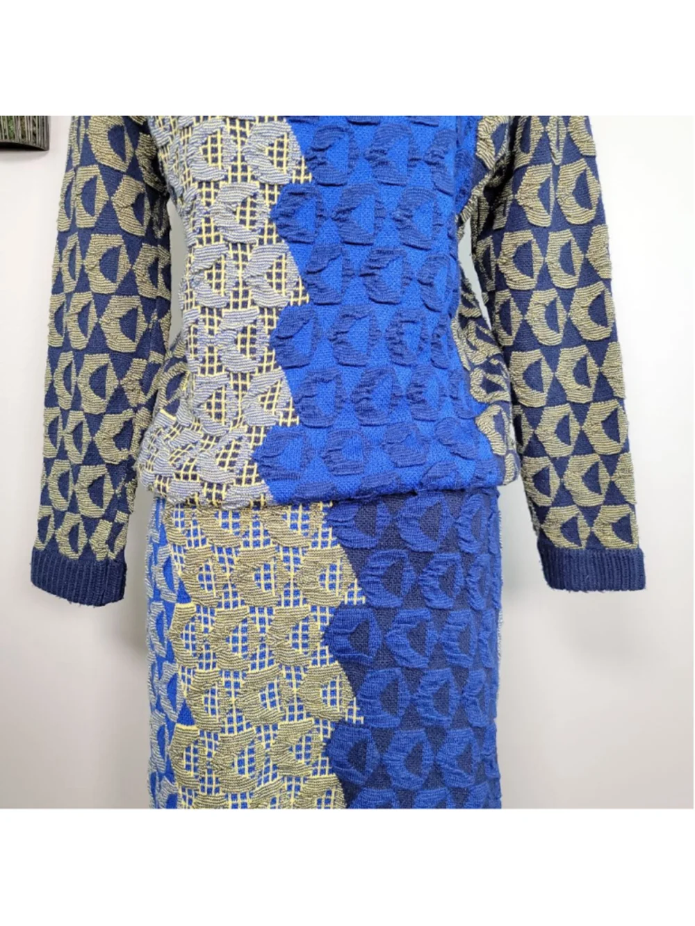 Kerisma Knit Crew Neck Sweater Pencil Midi Skirt Matching Set Blue Geometric S